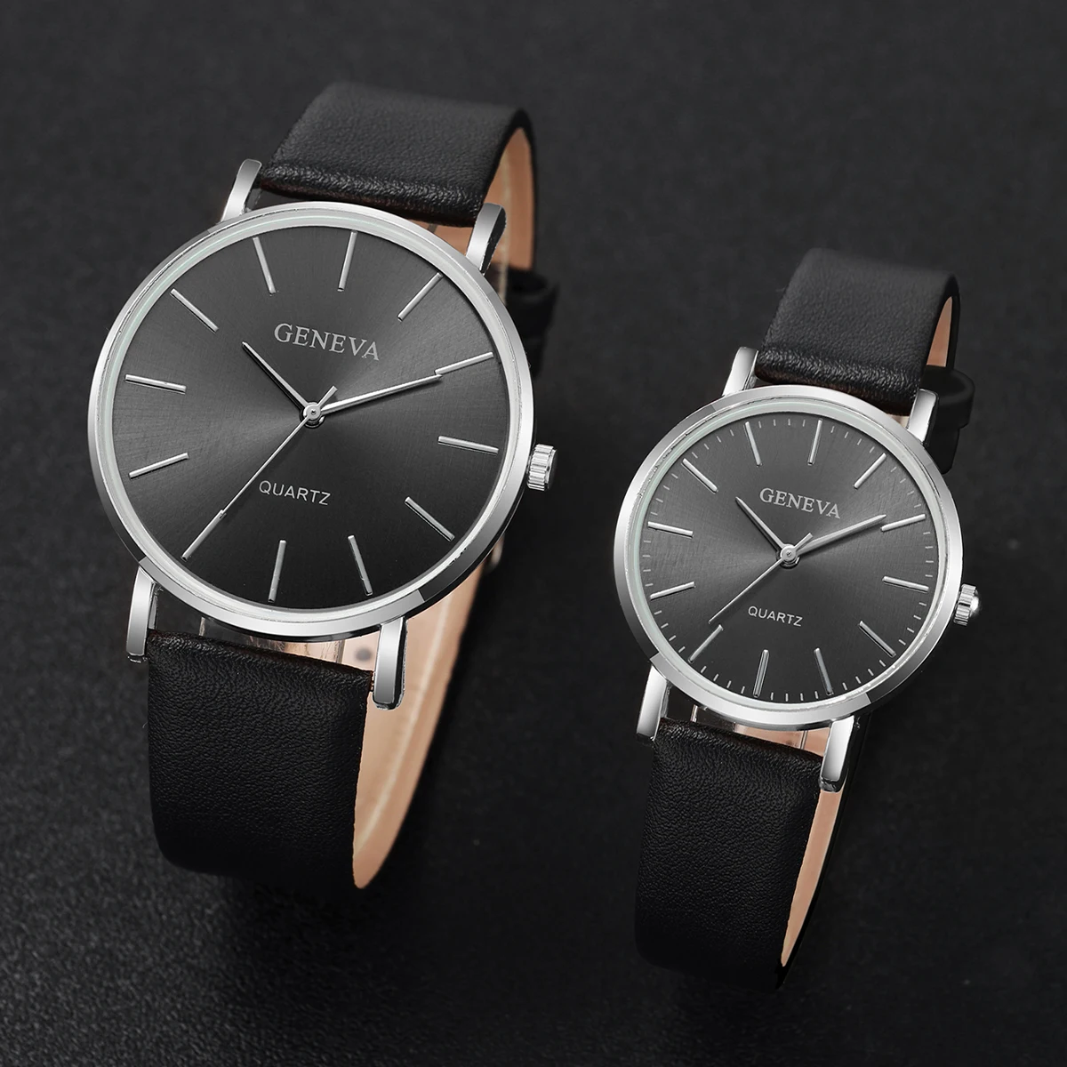 2PCS Couple Watches Simple Scale Dial Men\'s Quartz Watch Women Leather BandWristwatches