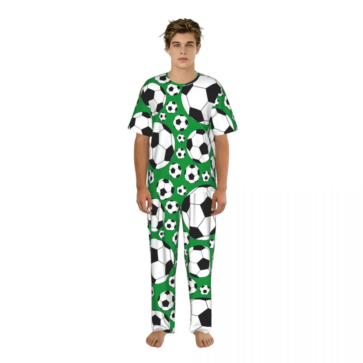 

Пижама для сна, летняя и весенняя домашняя одежда, ночная одежда с принтом футбольных мячей, короткий рукав, длинные брюки