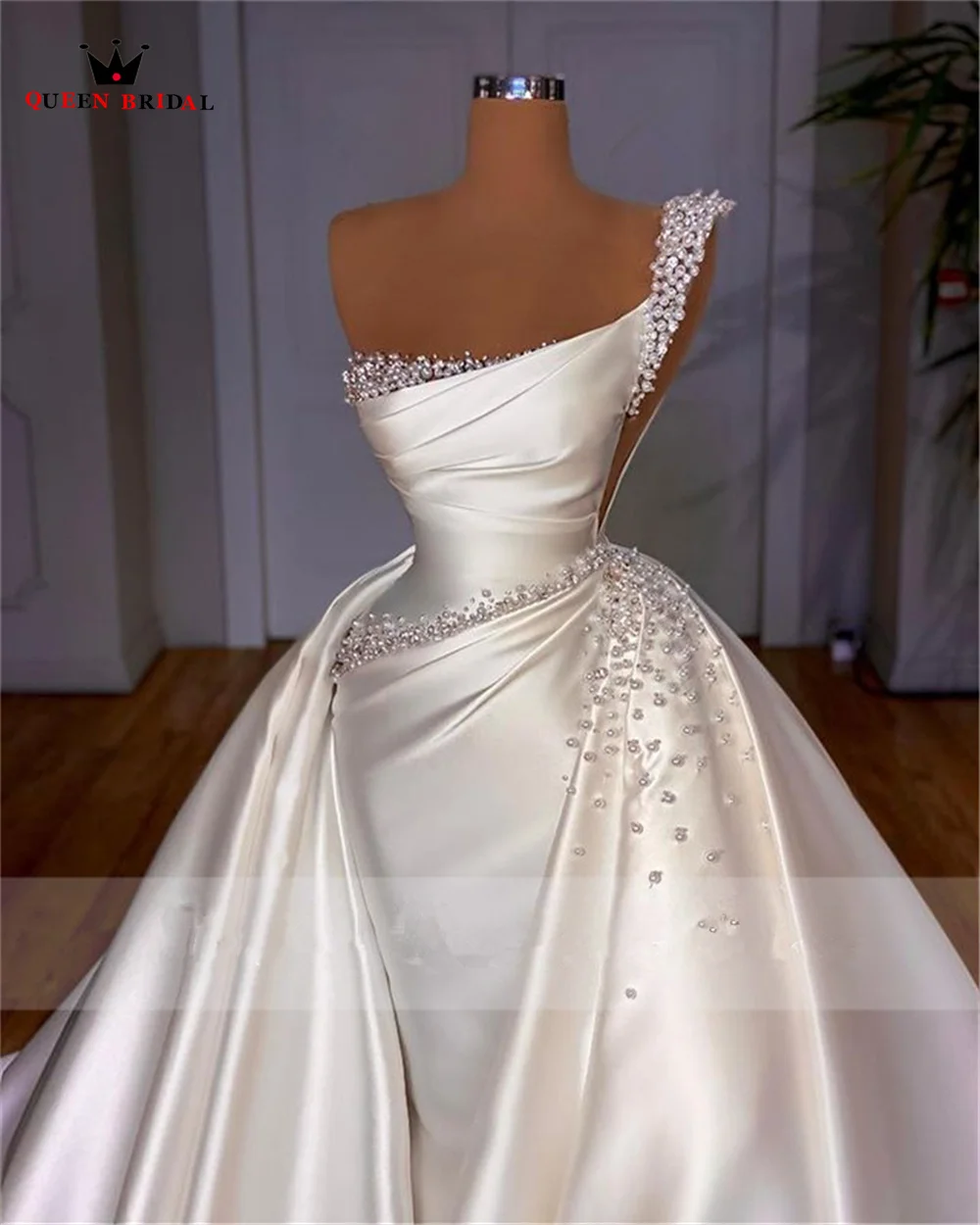 Elegant Mermaid Detachable Train Weddding Dresses Satin Crystal Beaded Pearls 2023 New Formal Plus Size Bridal Gowns SF29