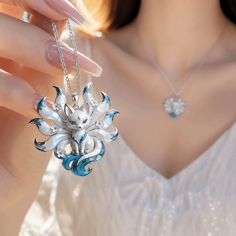 Enamel Look Nine-Tailed Fox Silver Tone Chain Iridescent Finish Fox Pendant Nine-Tail Floral Accents Guardian Charm Pendant