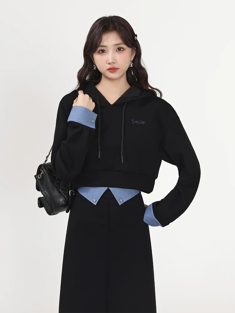 

Slimming High Waist Bla Skirt And Top Set Women's Faion Casual Sle Early Autumn Clothing Set Youthful Look Student