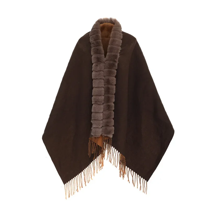 Poncho Women New Solid Color Cloak  Autumn and Winter Warm Tassel Imitation Fur Collar Shawl Lady Scarf Party Coat Coffee