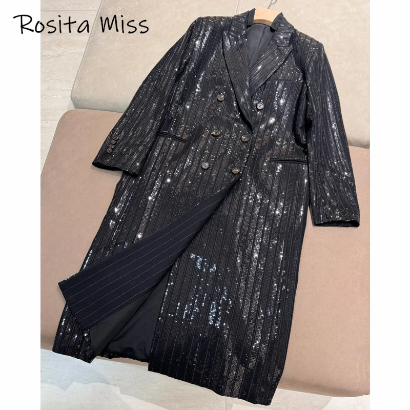 11.21 Autumn Winter Women's Heavy Industry Black Sequins Lapel Double Breasted Fashion Long Wool Coat