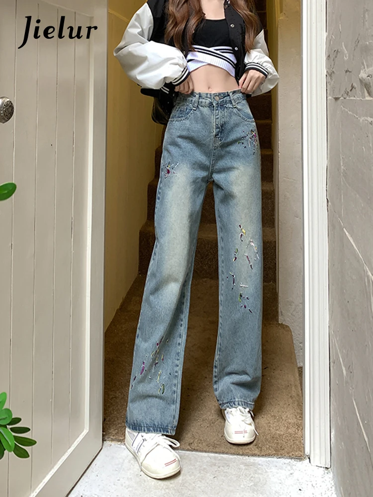 

Jielur Embroidered Straight Jeans Women Retro Blue Loose High Waist Jeans Fashion Denim Pants Female Casual Washed Jeans Lady