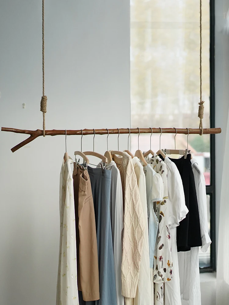 Custom vintage color twig hanger garment store hanger clothes rail display rack fork strap skin peel natural coat hook