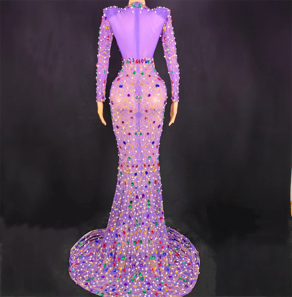 보라색 바닥 길이 드레스 라인스톤 파티 드레스 여성용 럭셔리 우아한 이브닝 드레스 글리터 댄스홀 여왕 의상 yj177
