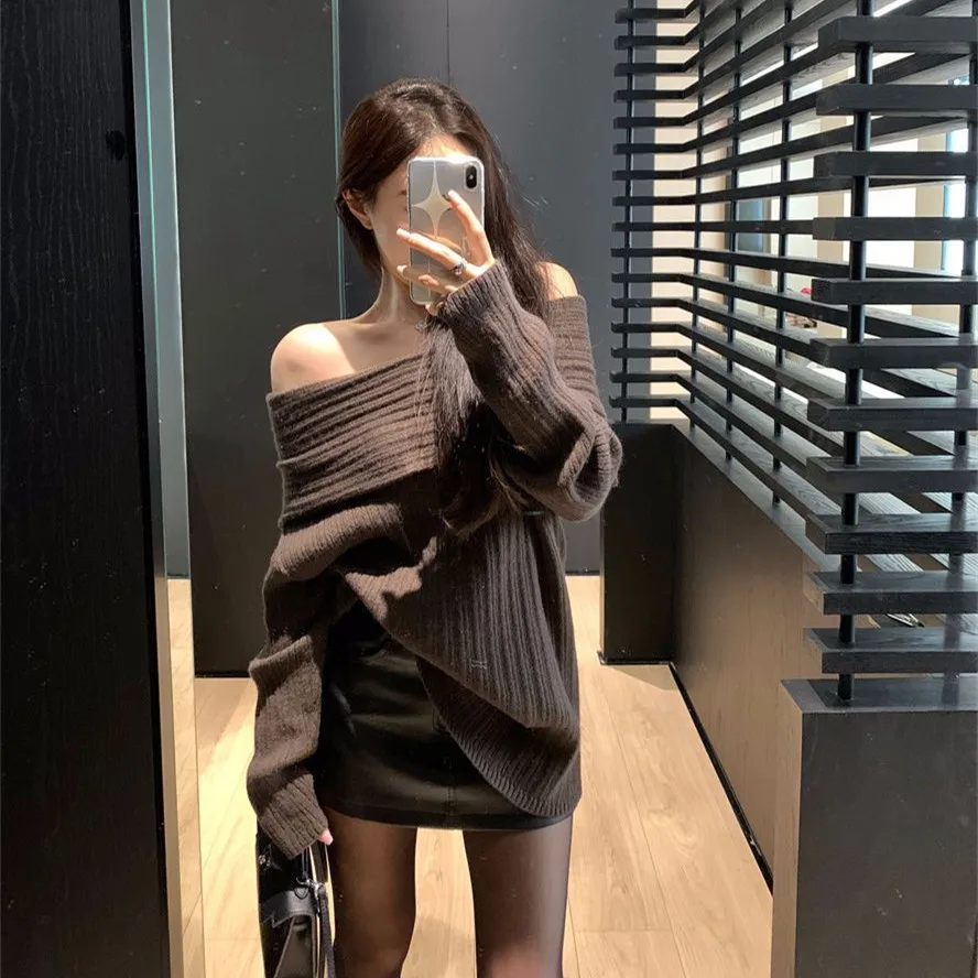 Korean style Sexy Slash Neck Elegant Sweater Pullovers Women Casual Vintage Off Shoulder Loose Knitted Jumper