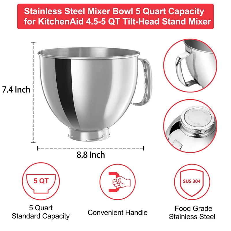 Stainless Steel Mixer Bowl for Kitchenaid 4.5-5 Quart Kitchen Aid Bowls for Mixer Kitchen Mixer Accessories Bowl Dishwasher Safe