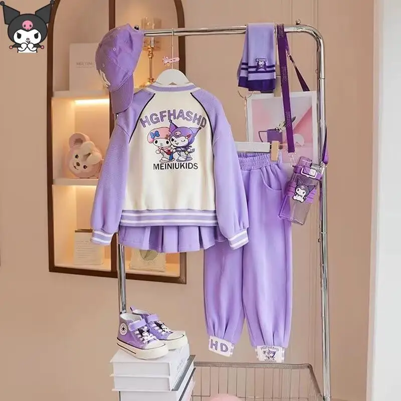 

Sanrio Kuromi Girls Kawaii Baseball Uniform Jk Skirt Suit Anime Cartoon Jacket T Shirt Pleated Skirt College Style New Fashion