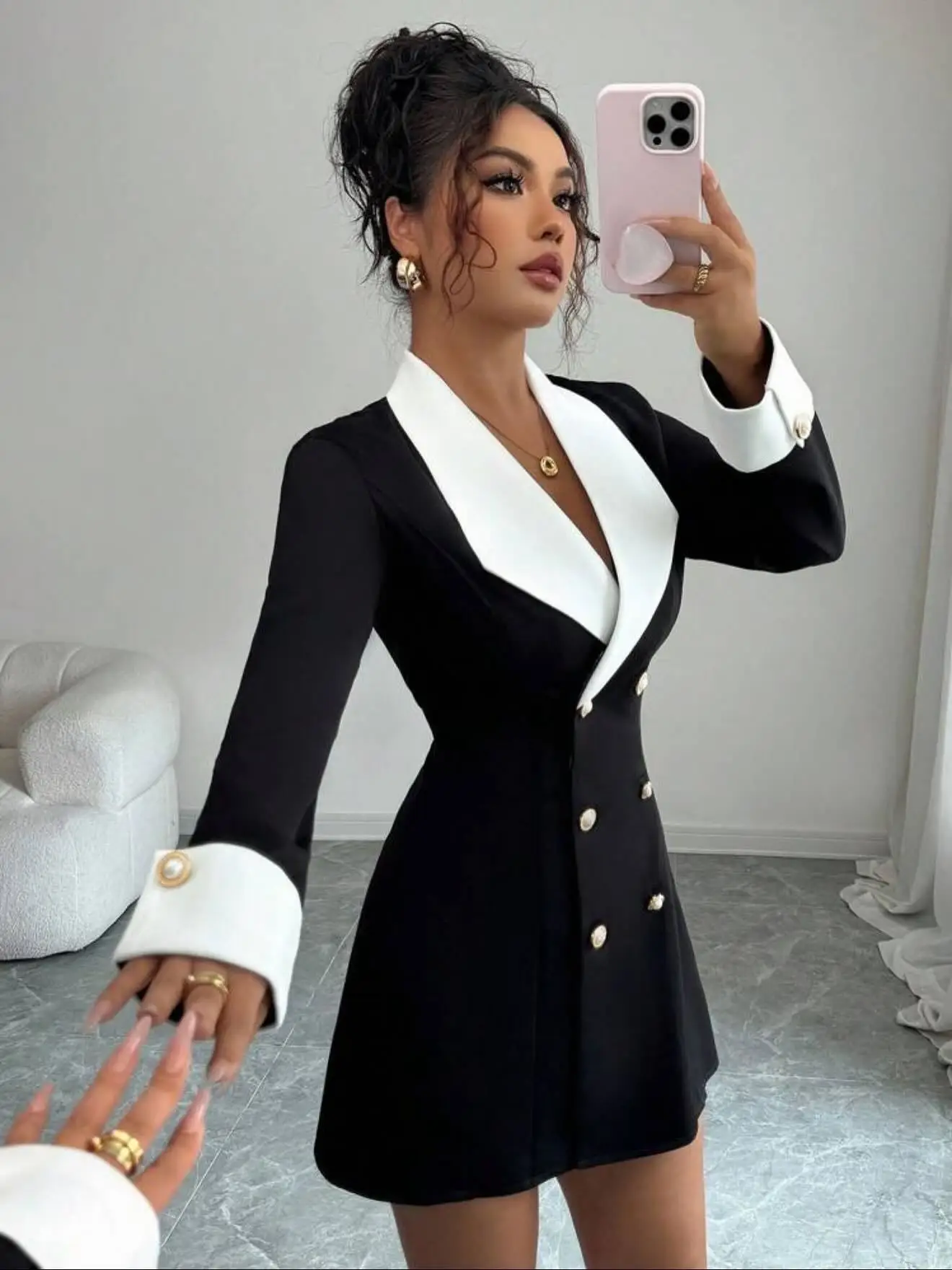 

Y6070 2025 Autumn-Winter New Arrival Commuter-Friendly Elegant Waist-Cinching Long-Sleeve Suit Dress