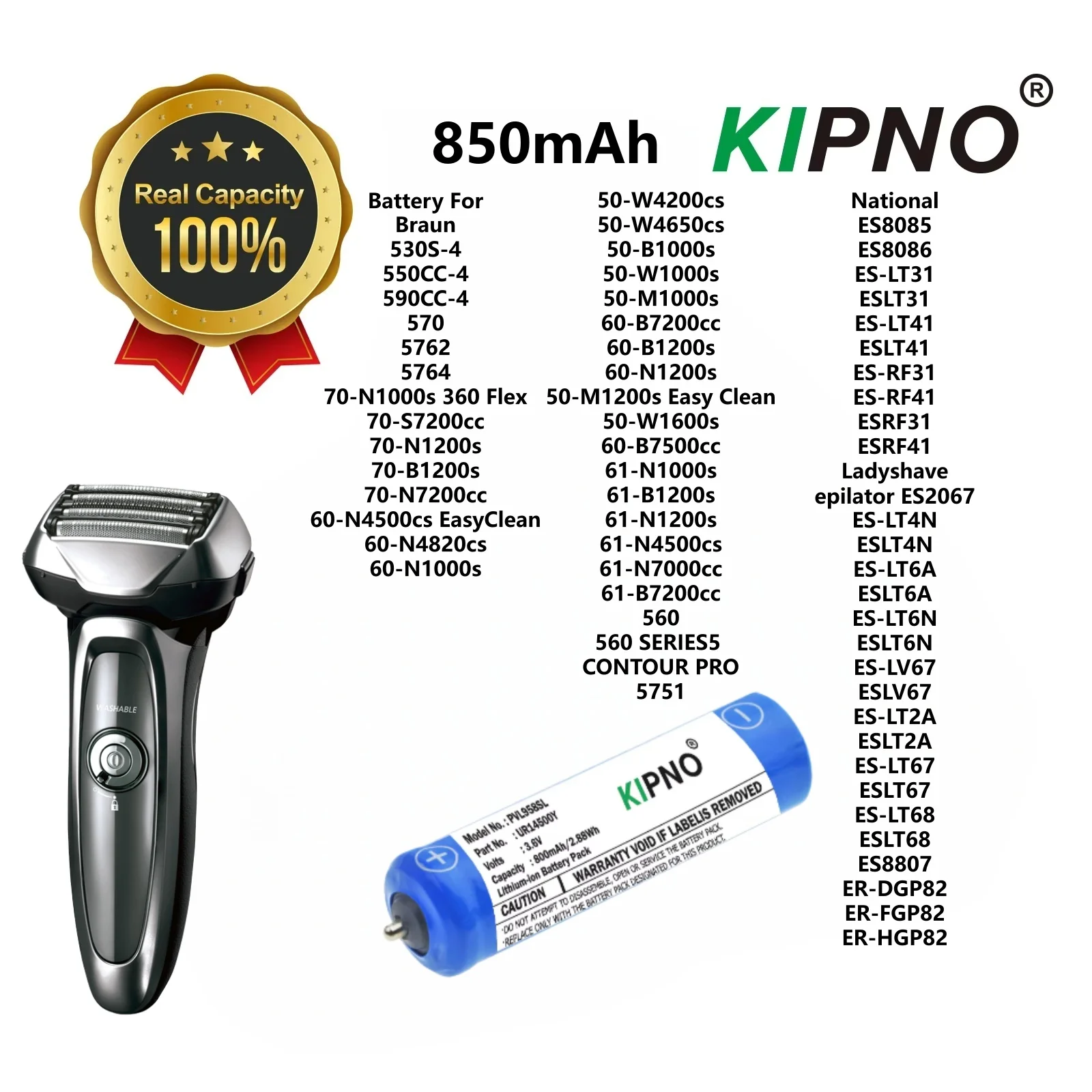 KIPNOBattery 800mAh Battery for Panasonic ES8163,ES8164,ES8167,ES8224,ES8228,ES8243,ES8249,ES8807,ES-LA63,ES-LA93,ER230,ES-LV95