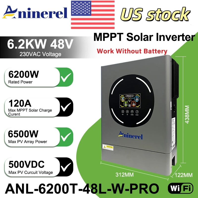 Aninerel US stock 6.2KW 48V Hybrid Solar Inverter 220V household Pure Sine Wave Inverter Built-in MPPT 120A Charge Controller