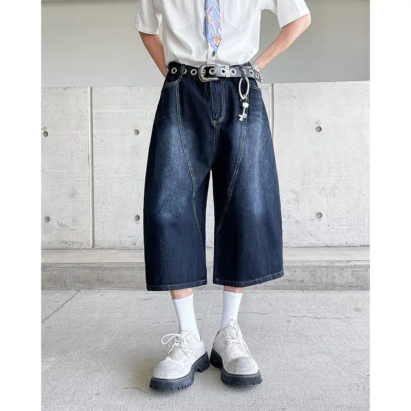 

Американские ретро вышитые орты, свободные широкие джинсы на семь футов, мужские летние повседневные прямые трубки из смеси хлопка и полиэстера