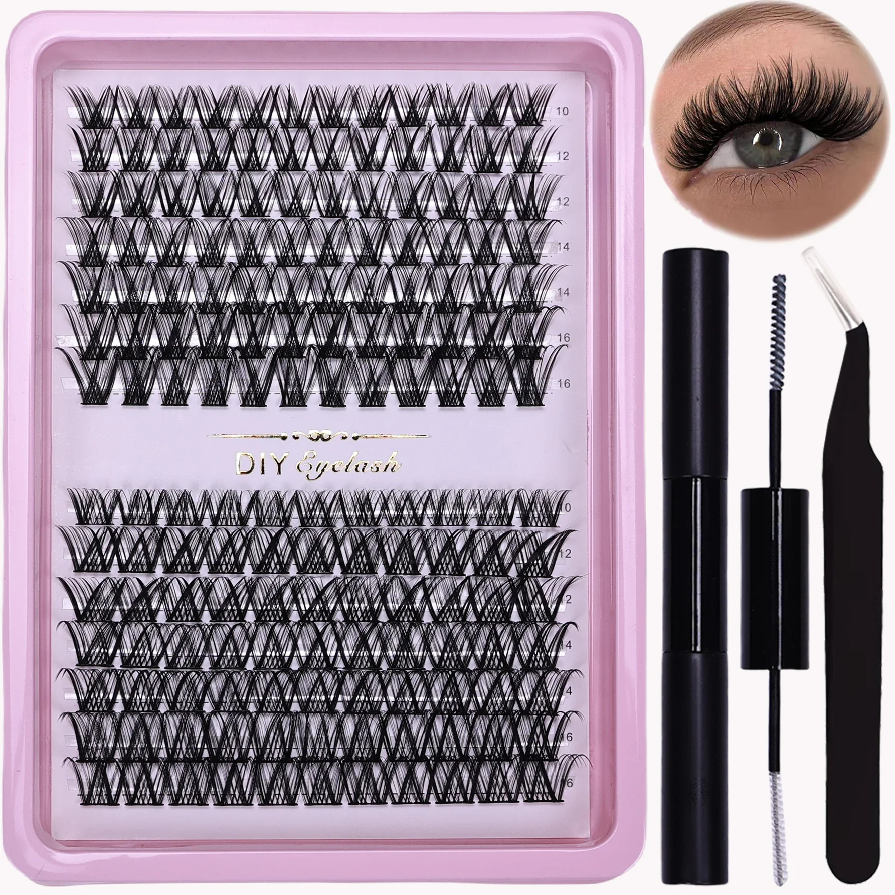 D Curl and Mix Length Eyelashes Extension Kit with 161pcs Lashes Cluster, Adhesive, Tweezers and Sealant