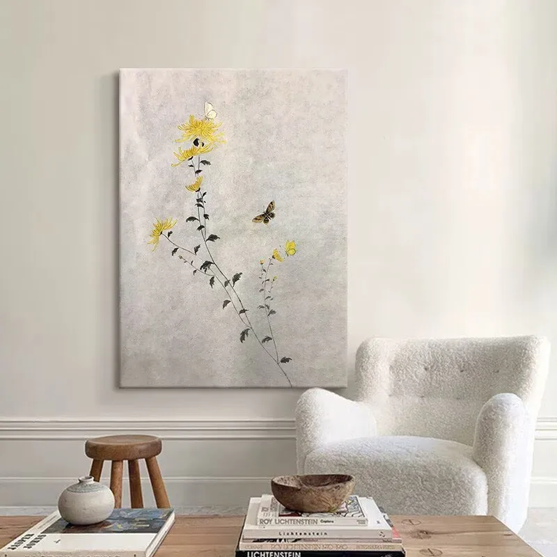 لوحة زيتية نقية مصنوعة يدويًا على القماش على شكل زهور صفراء صورة جدارية لتزيين المنزل ملصق جداري لغرفة المعيشة وغرفة النوم