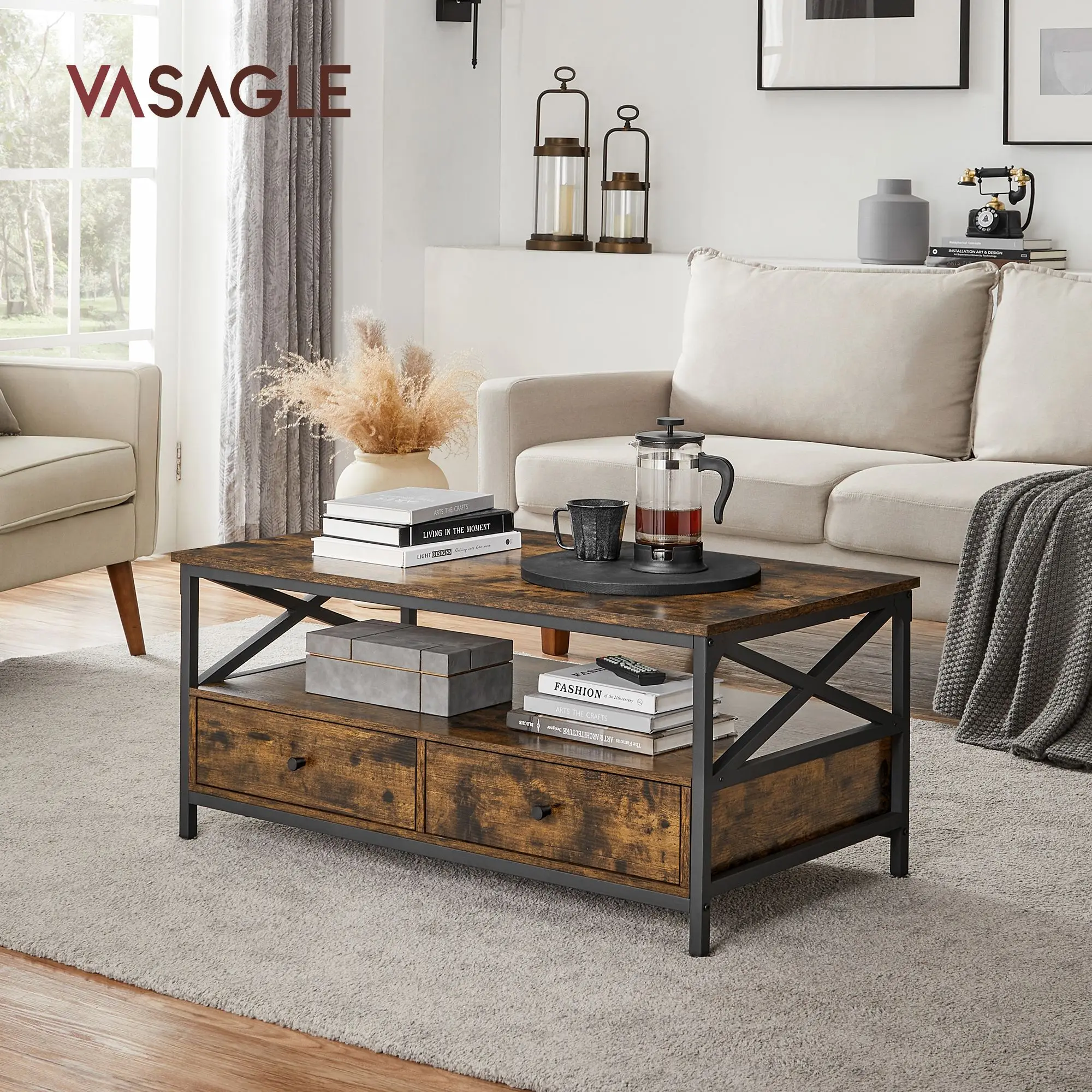VASAGLE Table Basse, Table de Salon, Buffet Bas, avec 2 Tiroirs et Un Compartiment Ouvert, Cadre en Acier en Forme de X, 100 x 55 x 45 cm, Style Industriel