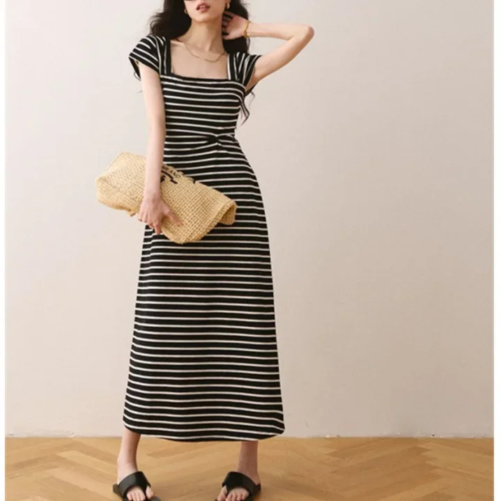 

French Striped Square Collar Dress for Women in Summer Slim and Sleeveless A-line Long Skirt Z192