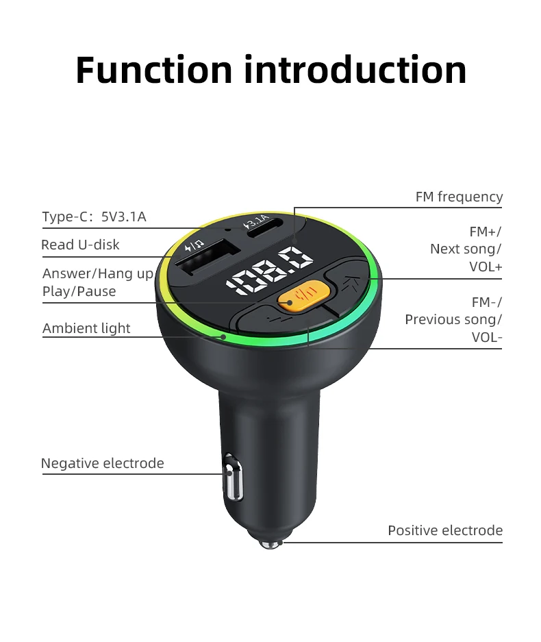 Auto FM Sender Bluetooth 5,3 Freisprecheinrichtung Wireless Car Kit USB C Auto Ladegerät Auto Radio FM Modulator MP3 Player Adapter – Detail 9