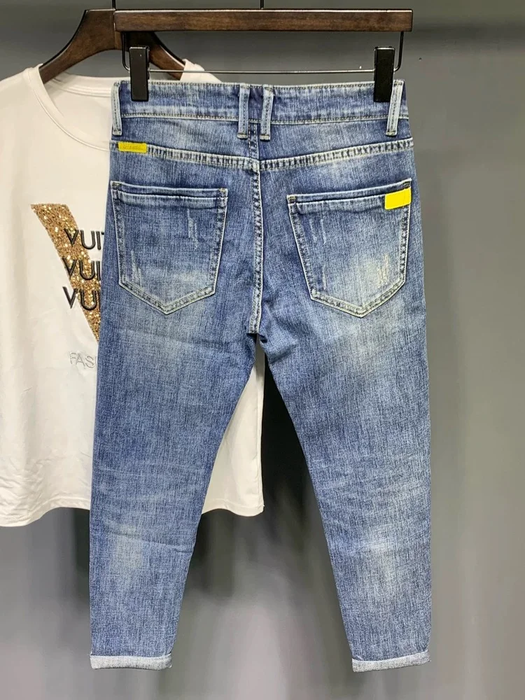

Light Wa Nine-Tenths Men's Jeans Trendy Embroidered Slim Fit Casual Retro Long Pants Cotton Stretch Denim mid Waist Zipper
