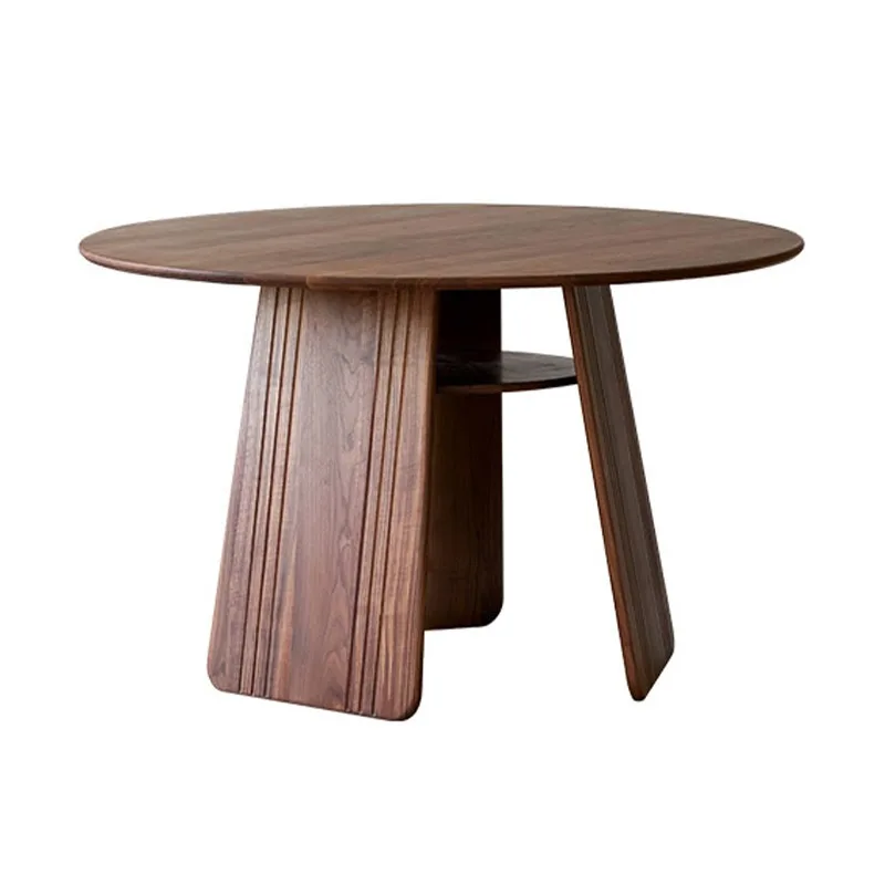 Solid wood round dining table, North American black walnut home retro round table, rock slab dining table with turntable