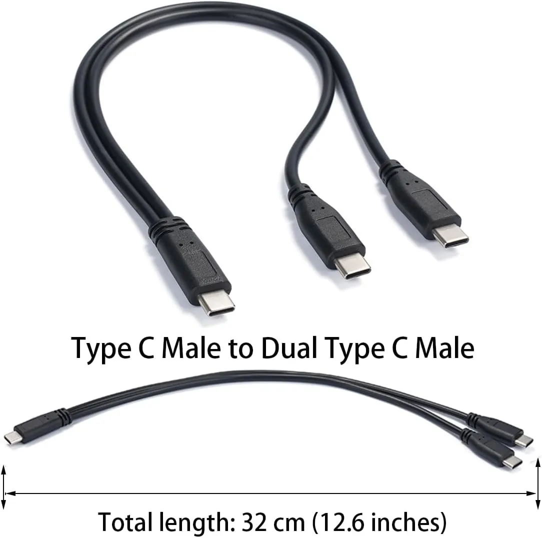 30cm USB C Male to Dual Type C Male Charge Cable USB C 5V 3A Charging Y Splitter for Phones, Tablets, TWS Headphones and more