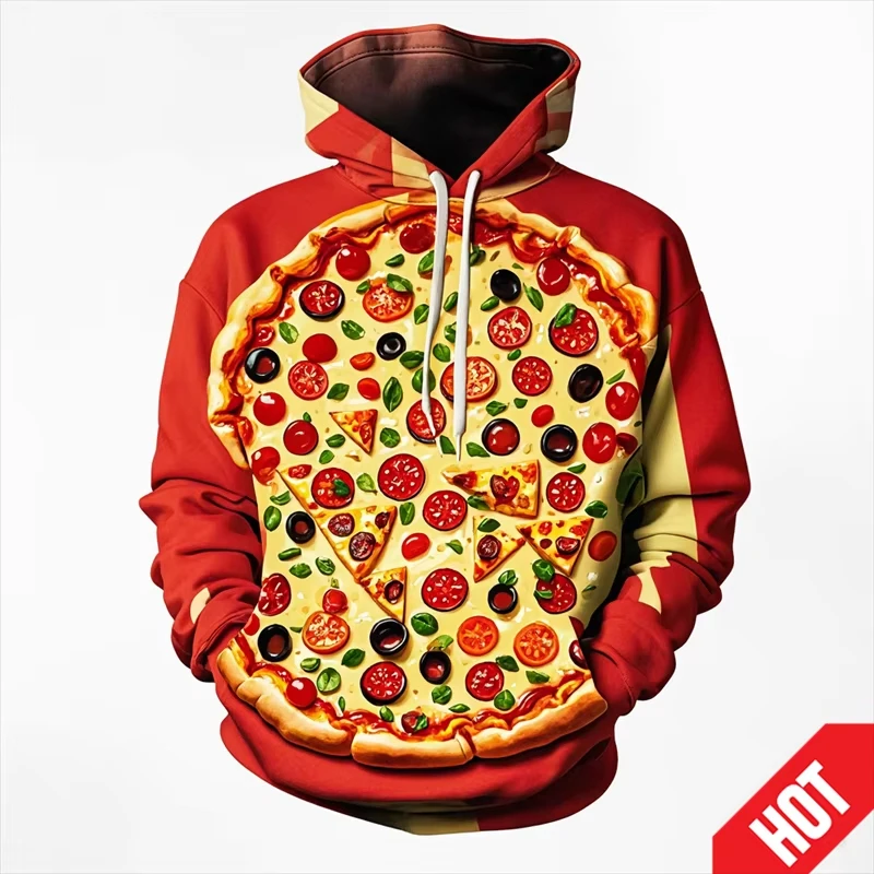 3d Print Pizza Hoodie Funny Men Clothes Delicious Food Pattern Drawstring Hooded Coat Personality Gift 2025 Spring Sweatshirt