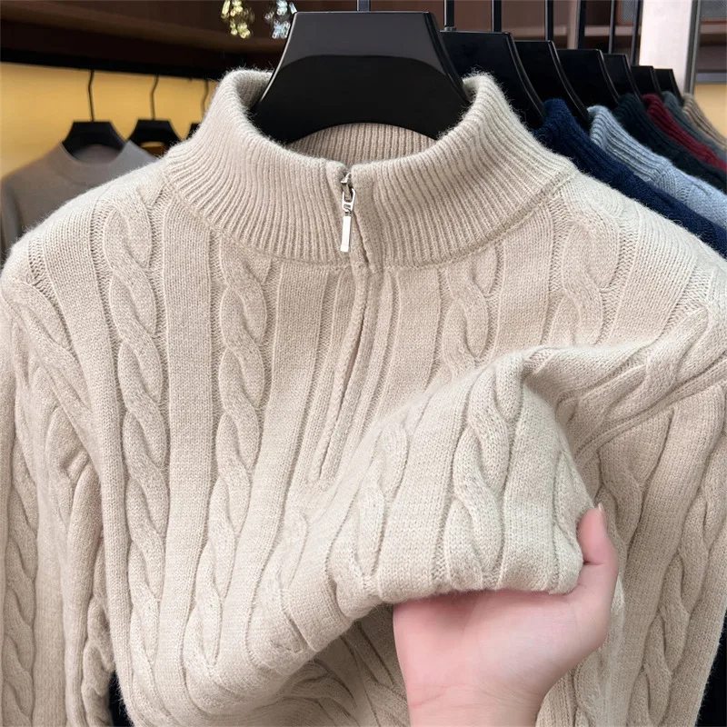 High Quality jacquard knitted pullover men's autumn winter soft comfort new fashion solid color half zipper stand collar sweater