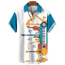 Colorful Music Hawaiian Shirt For Men 3d Saxophone Guitar Printed Rock Beach Short Sleeve Casual Oversized Tops Blouse