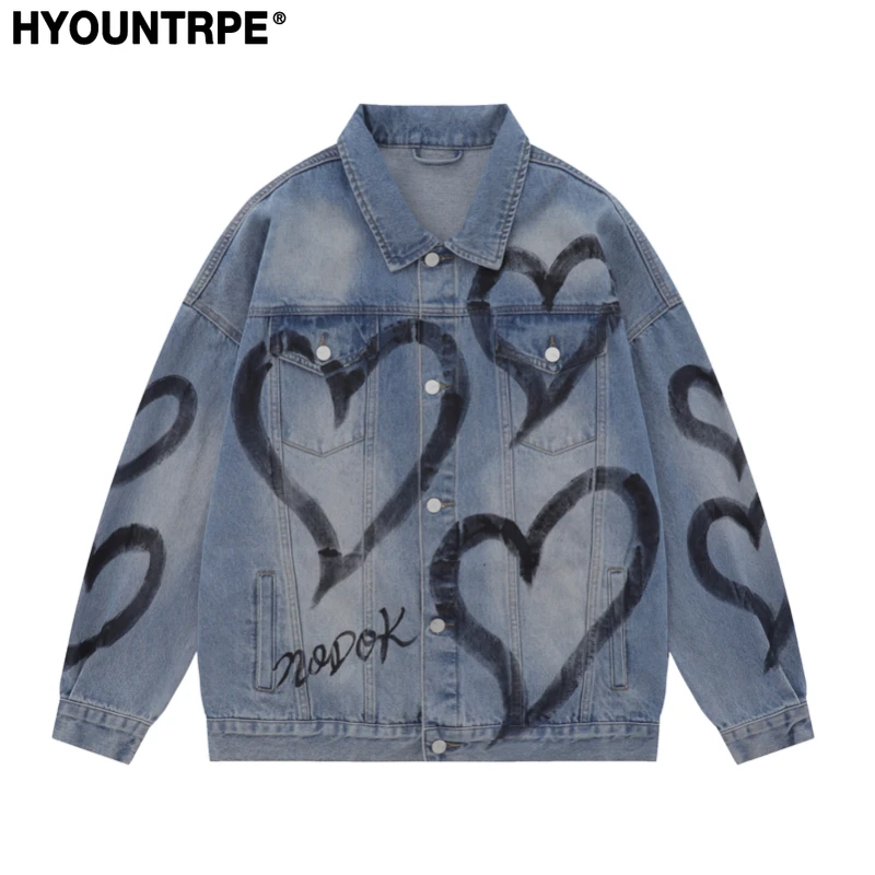 Y2K Heart Graffiti Printed Denim Jackets Mens Fashion Unisex Long Sleeve Coats Outerwear Hip Hop Casual Streetwear Jeans Jackets