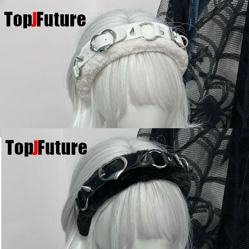 Subculture Y2K GIRL Women's Harajuku Steampunk Gothic Lolita Punk Dark Plush rivet Love skin buckle hair ribbons hair band