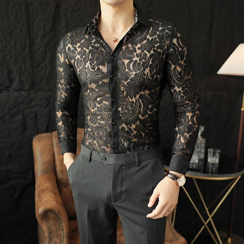 2024 Spring Flower Hollow Out Shirt for Men Long Sleeve Solid Color Slim Casual Shirts Social Party Tuxedo Blouse Men Clothing