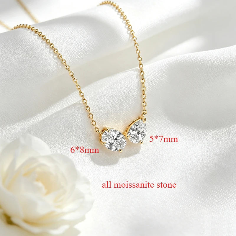 Smyoue Oval Cut Pear Cut All Moissanite Necklace for Women 2 Gems Classic Wedding Jewelry Bridal Real Pure S925 Silver Chain