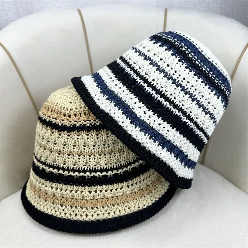

New Summer Knitted Bucket Hat Breathable Crochet Beach Cap Hollow Fisherman Caps Outdoor Sun Protection Wide Brim Sun Hat