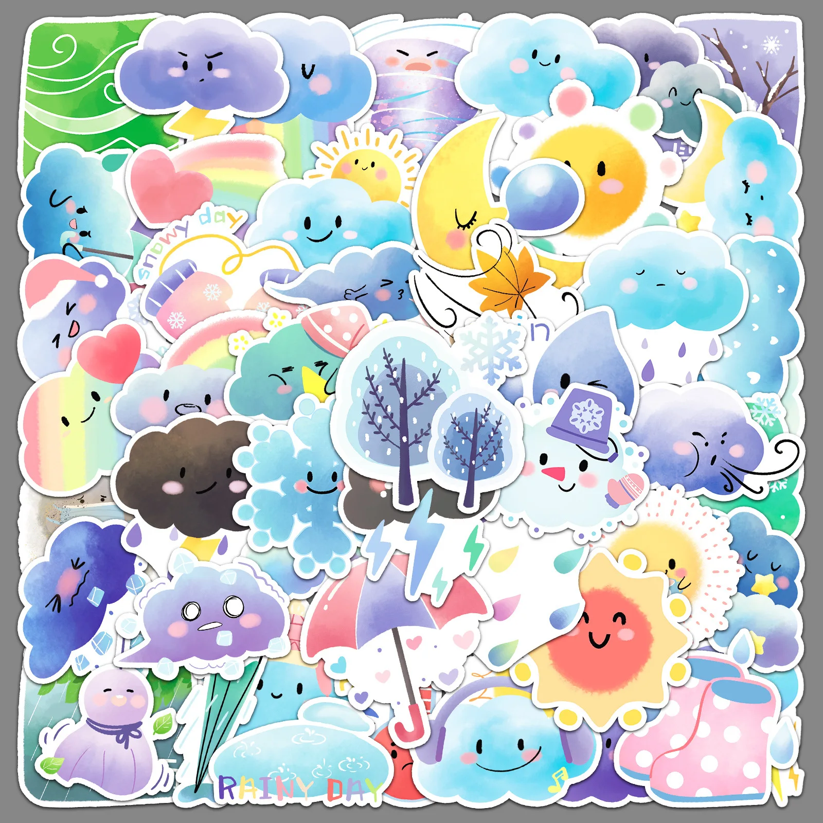 50PCS Original อารมณ์สภาพอากาศเครื่องเขียนการ์ตูนสดมือวาดเด็กสนุกถ้วยน้ํากระเป๋าเดินทางบัญชีมือสติกเกอร์