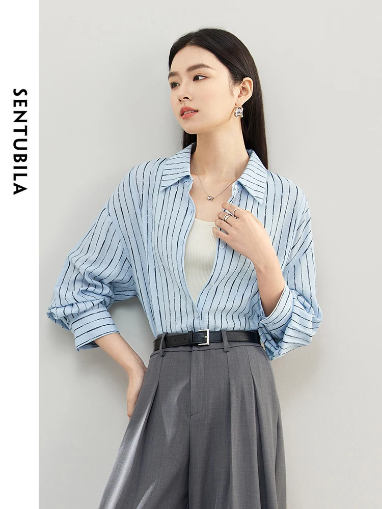 SENTUBILA Contrast Striped Thin Loose Button Up Shirt 2024 Spring Fashion Split Polo Collar Blouse Woman Clothing 141C53353