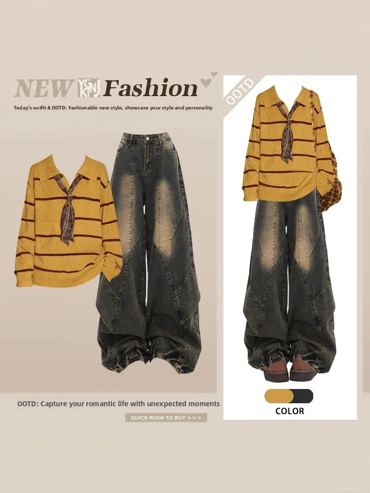 

Retro Hong Kong Sle Women's Winter Knitwear Set Striped Knit Top High Waist Wide Leg Vintage Jeans Two Piece Faion Set