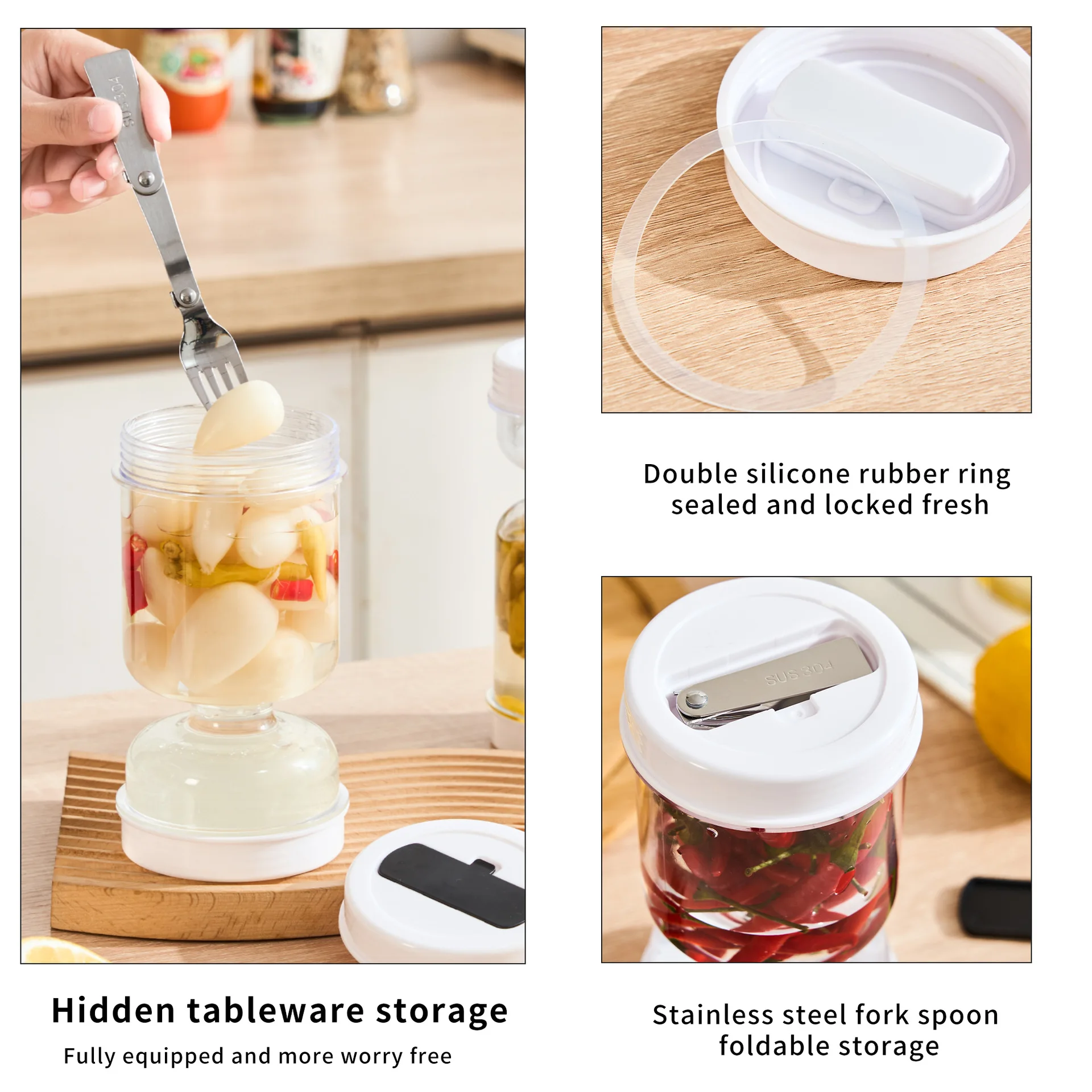 Wet and Dry Separation Pickle Jar With Fork Multifunctional Food Storage Container For Olive Pickle