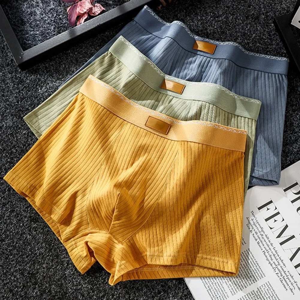 Men Ribbed Blend Cotton Boxer Shorts Mid Waist Breathable Underwear Solid Color U Pouch Trunks Home Daily Wear Comfortable Under