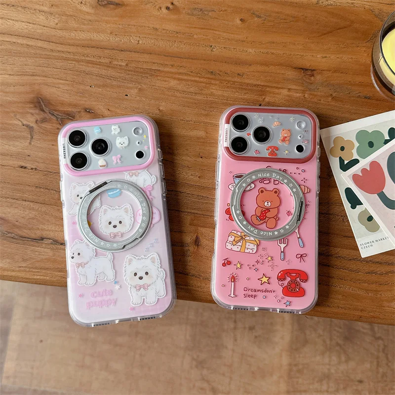 

Kawaii Westie Puppy & Teddy Bear Print Ring Holder Phone Case For iPhone 15 16 17 Pro Max INS Sweet Style Large Window Shockproo