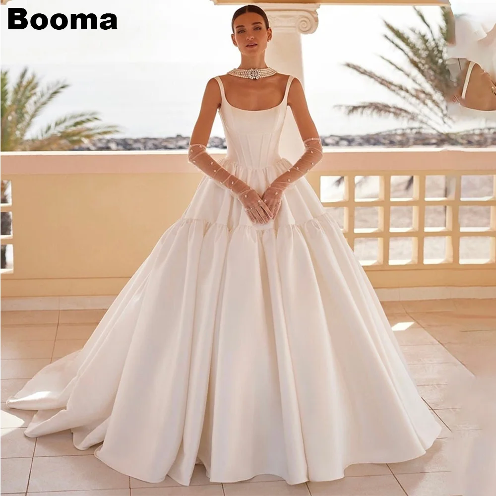 

Booma A-Line Princess Wedding Dresses Sleevless Ruched Stain Brides Party Dresses for Women Ball Gowns Sweep Train Bridals Gowns