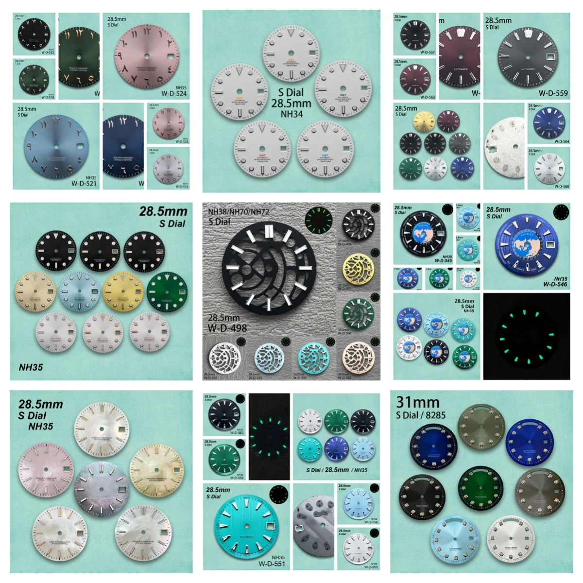 

28.5/31mm GMT/Day And Date S Logo Dial Fit NH35/NH34/8285/NH38/NH70/NH72 Movement Green Luminous Watch Modification Accessories