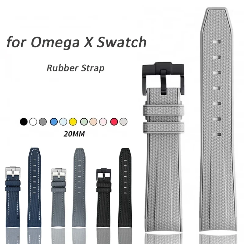 Bracelet de montre en caoutchouc et Silicone, 20mm, pour Omega X Swatch Joint MoonSwatch, pour Seamaster 300, pour hommes et femmes, extrémité incurvée