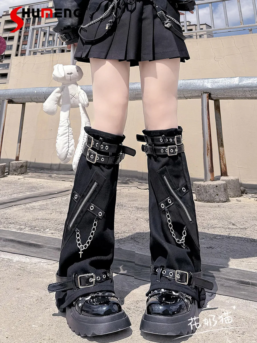 Japanese Style Subculture Punk Harajuku Leg Warmers Sweet Cool Y2k Legwarmers PU Buckle Black Denim Chain Zipper Leg Cover Women