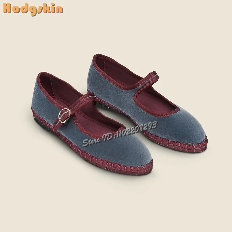 

Velvet Round Toe Ballet Flats Gray Shallow Buckle Strap Casual Mary Jane Sandals 2026 New Spring Fashion Plus Size Women's Shoes