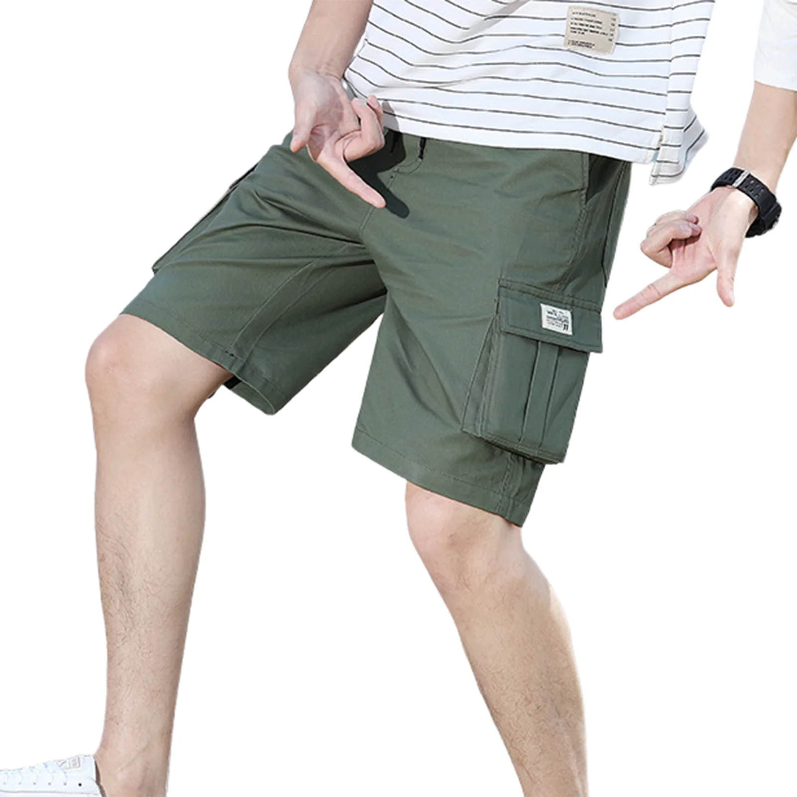 Men's Solid Color Cargo Shorts Elastic Waist Breathable Shorts with Pockets Suitable for Friends Gathering Wear