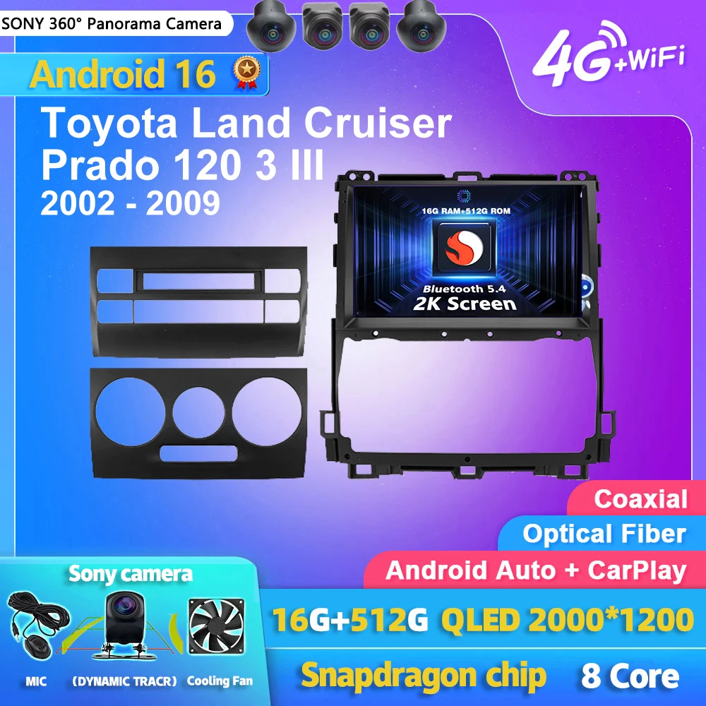 Android 16 Carplay Car Radio Multimedia Player For Toyota Land Cruiser Prado 120 3 III 2002-2009 Autoradio Stereo 2din Head Unit