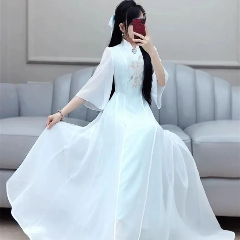 New Summer Long Dress Women's Clothing Antique silver Embroidered Chiffon dress Slimming Medium Long High Waist Hanfu Dresses