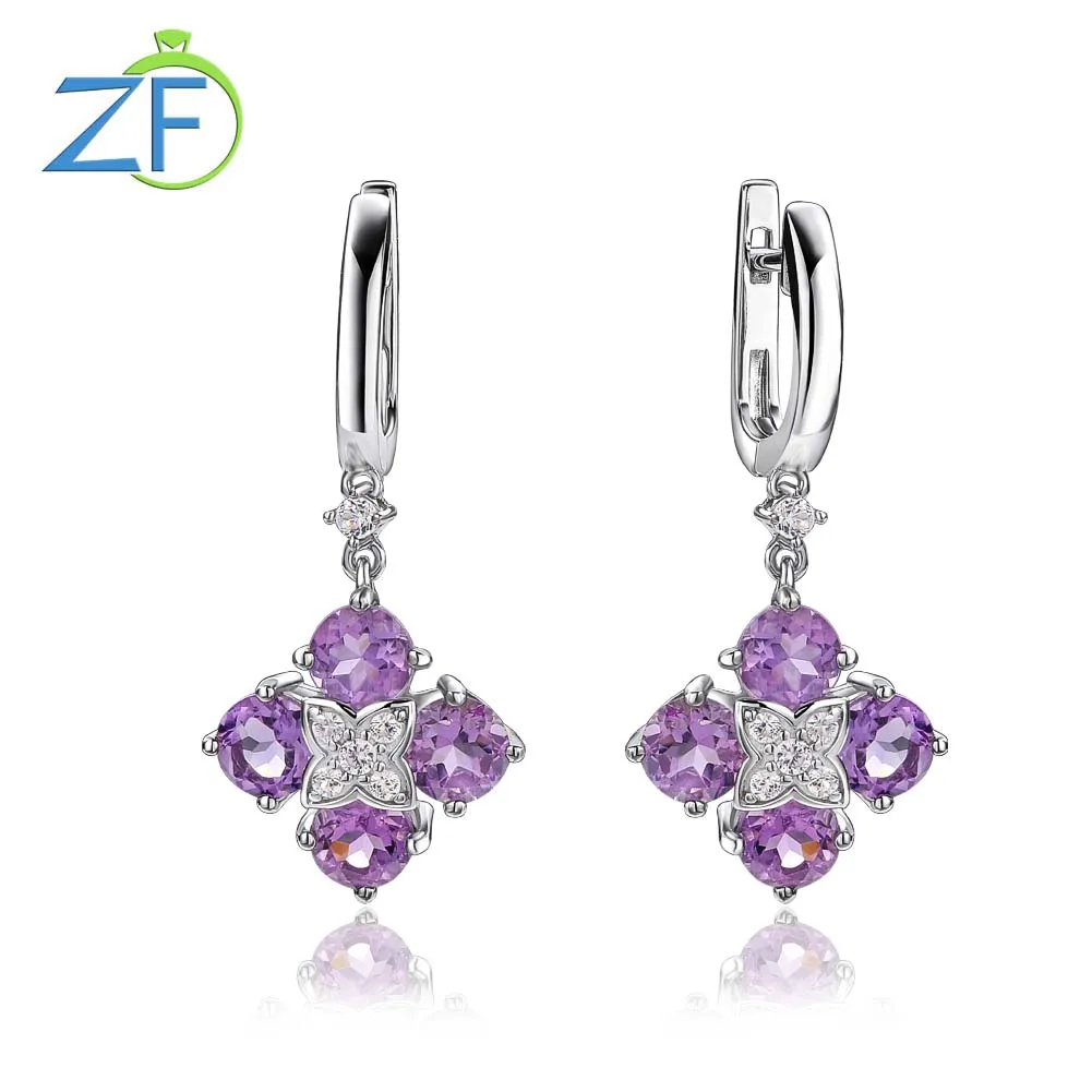 

GZ ZONGFA Original 925 Sterling Silve Flower Drop Earrings for Women Natural Amethyst Crystal Gemstone 3.8Carats Fine Jewelry