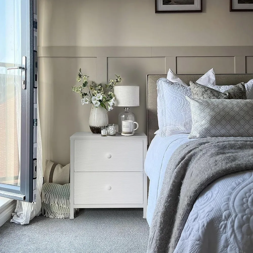 Table de chevet blanche pour chambre à coucher, petite table de nuit avec 2 tiroirs en tissu, table de chevet moderne pour dortoir