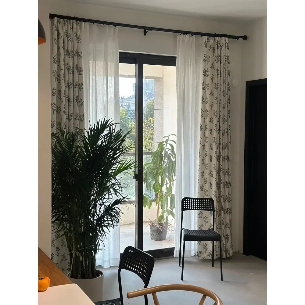

Customized Cream Color Black Plant Embroidery Cotton Linen Thickened Curtains For Living Room Bedroom French Window Balcony